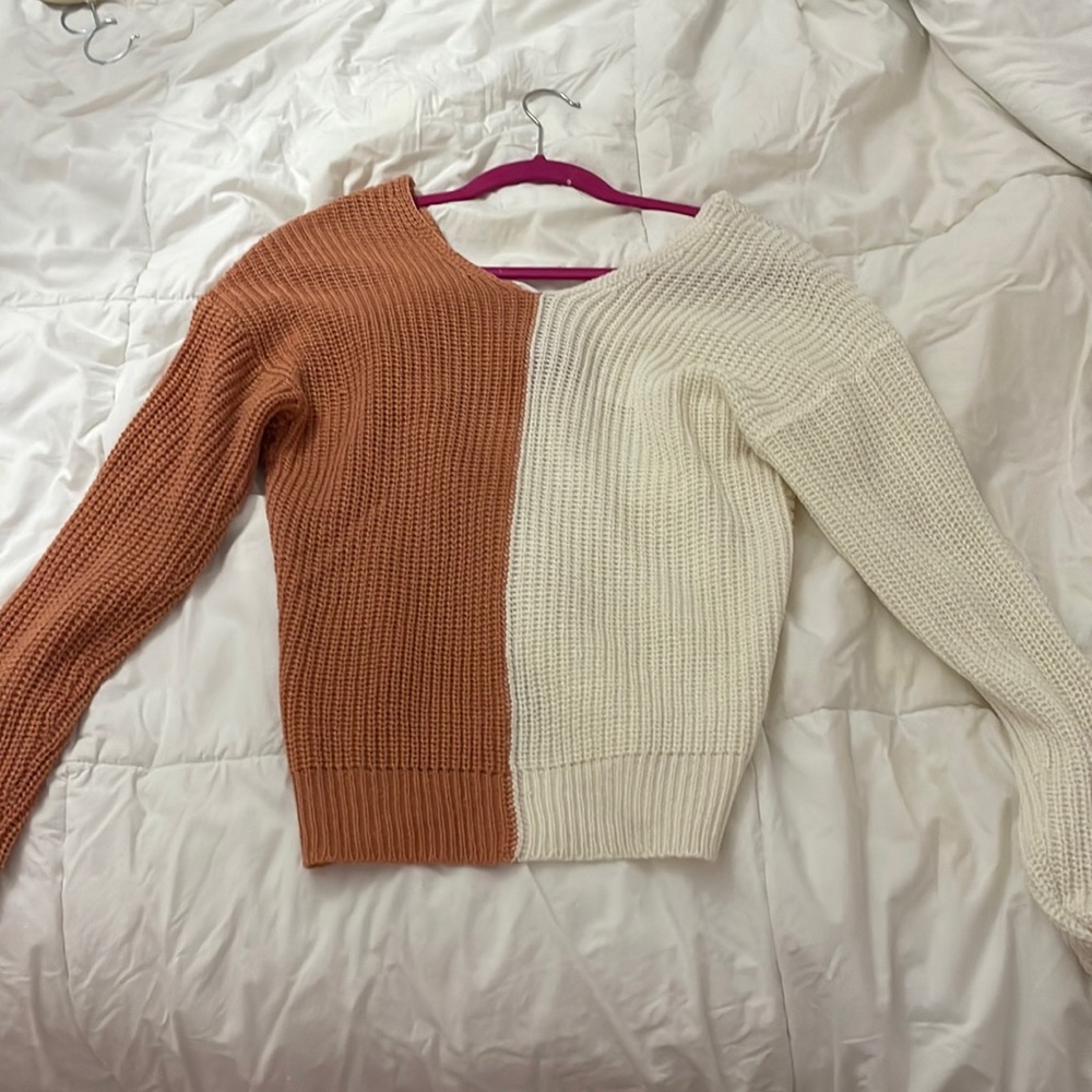 Half orange Half cream sweater with tie in the back